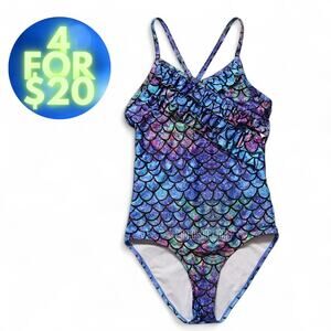 4/$20 - Kids Girls Mermaid One Piece Swimsuit Ruffle Blue Purple Size M 7/8
